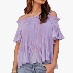 Theenkoln Women's Pleated Blouse Lilac Purple Off the Shoulder Top Medium